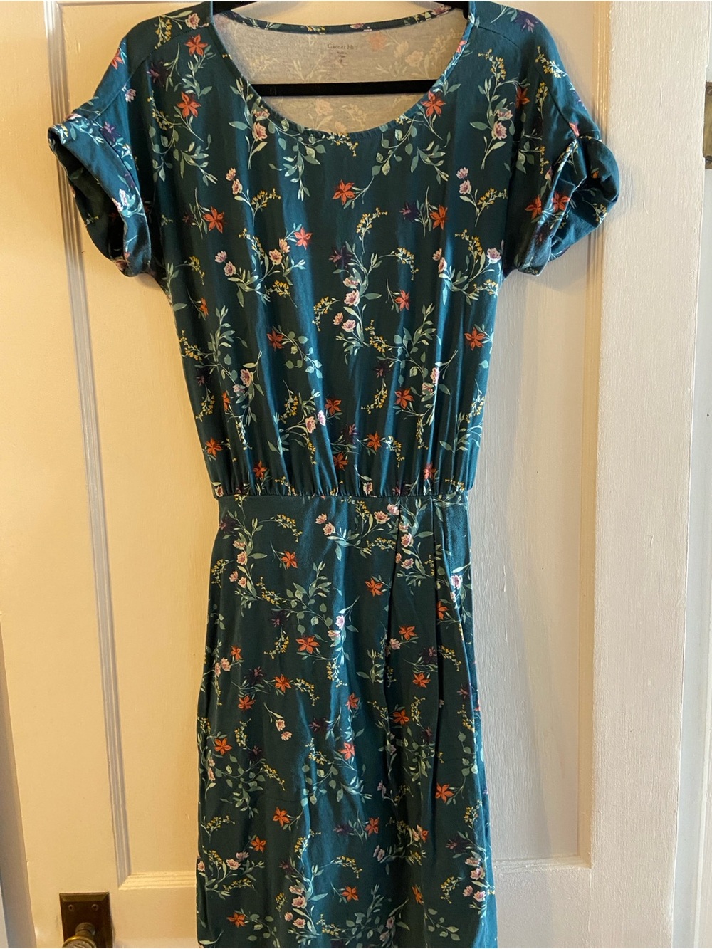 Garnet Hill Floral Teal Short-Sleeve Dress